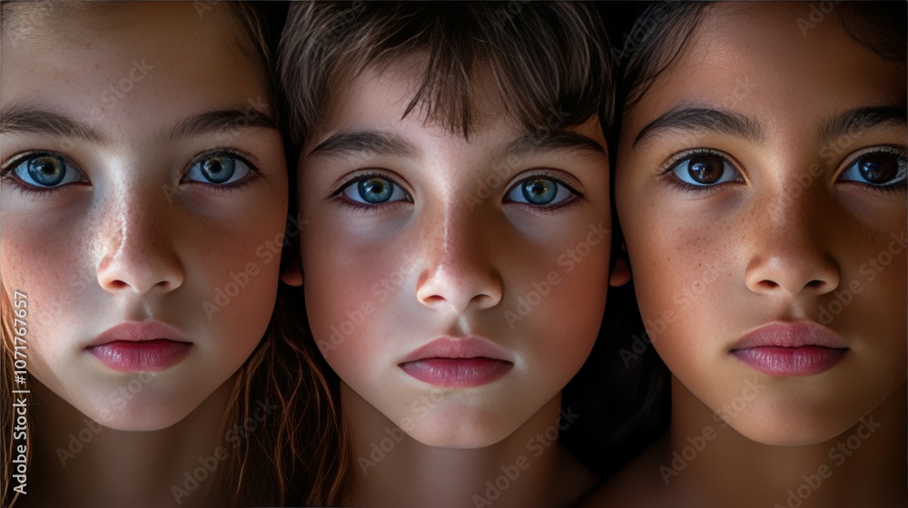 Three young girls with different skin tones are shown in a close up. The girls are smiling and their eyes are bright blue. Concept of unity and diversity Three young girls with different skin tones are shown in a close up. The girls are smiling and their eyes are bright blue. Concept of unity and diversity