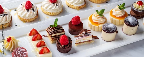 Delicious Dessert Assortment: Chocolate, Strawberry, and Vanilla Mini Cakes photo