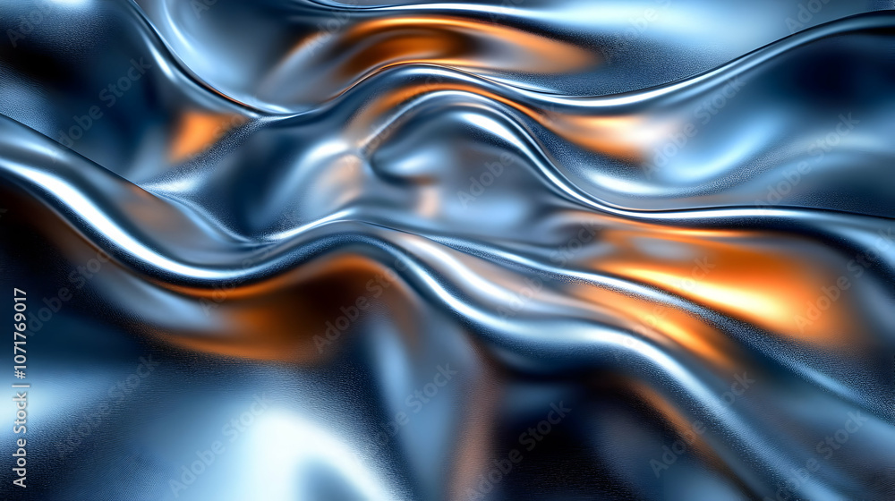 Fototapeta premium Abstract 3D Background of Blue and Orange Wavy Metallic Fabric