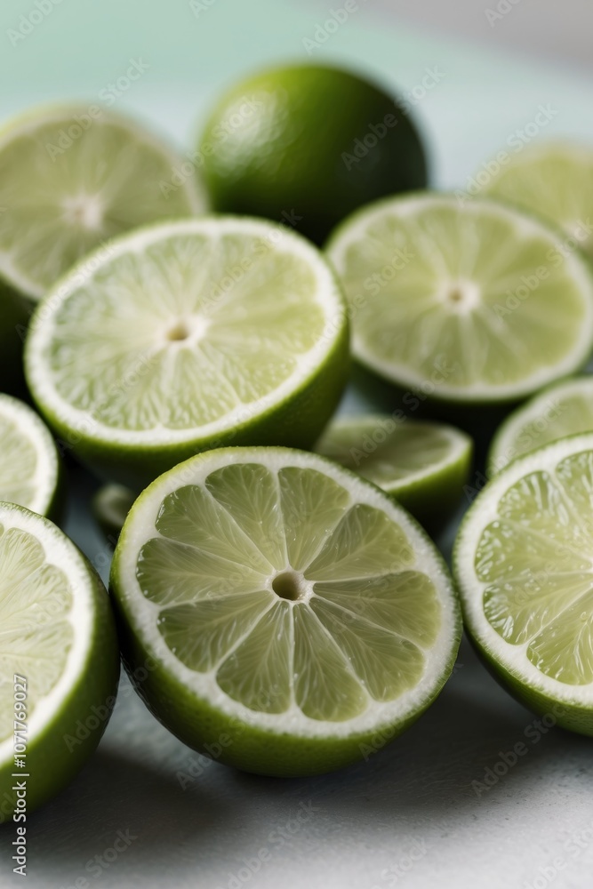 Halved limes with juicy green flesh closeup. Halved limes with juicy green flesh closeup.