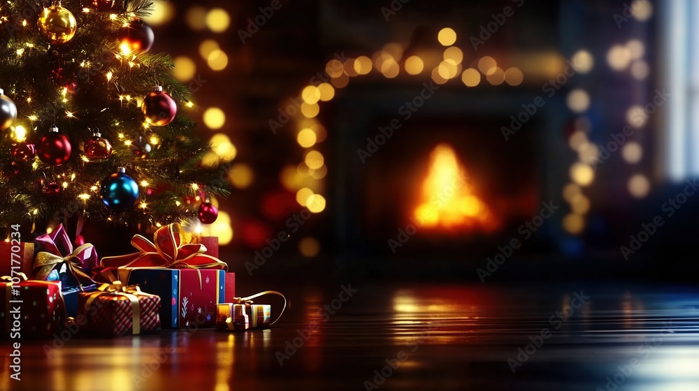 Obraz premium A warmly lit Christmas tree decorated with colorful gifts standing near a glowing fireplace in a cozy, dimly lit room, showcasing a festive atmosphere with soft, cinematic bokeh in the background. Thi