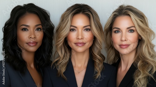 Three women with different hair colors and styles are posing for a photo. Concept of professionalism and sophistication, as the women are dressed in business attire and are smiling for the camera