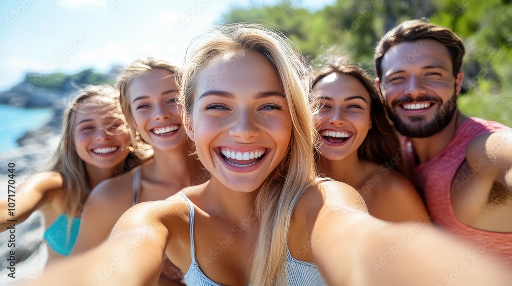 A group of people are smiling and posing for a picture. The girl in the center is the main focus of the photo A group of people are smiling and posing for a picture. The girl in the center is the main focus of the photo
