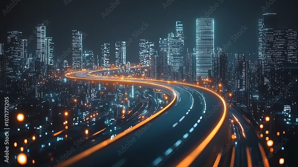 Fototapeta premium Futuristic 3D Rendering of Winding Road Through Neon-Lit Cityscape with High-Tech Skyscrapers and Illuminated Pathways in a Dynamic Urban Environment