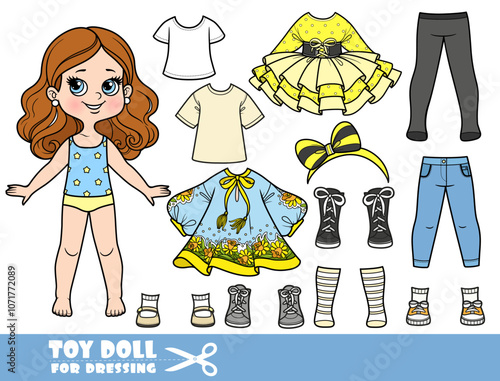 Cartoon brunette girl  and clothes separately - elegant dresses, tights, boots, jeans and shirts