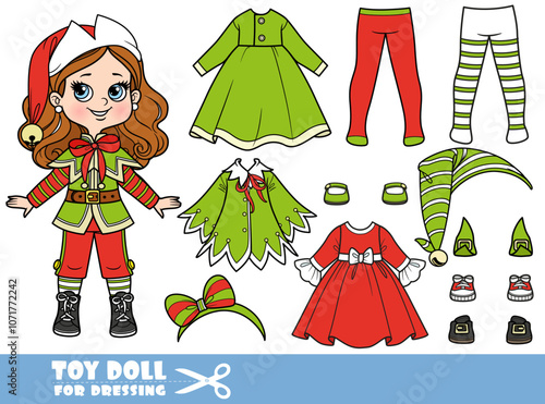 Cartoon brunette girl  and clothes separately - New Year elf fancy dress costume constructor with dresses, hats and tights