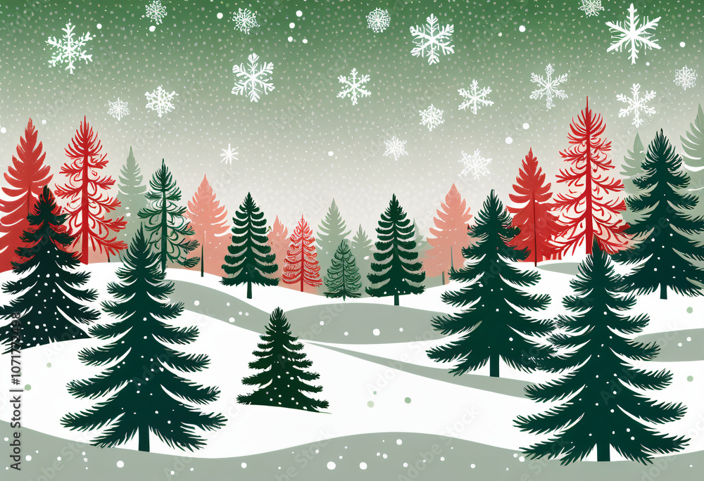 Obraz premium snowflakes gently fall around festive evergreen trees crisp winter background hint red green hues surrounding