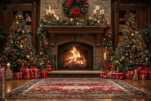 Wallpaper Mural Christmas Decorated Fireplace with Lit Candles and Two Christmas Trees Torontodigital.ca