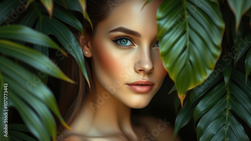 A woman with green eyes peeks through lush green foliage