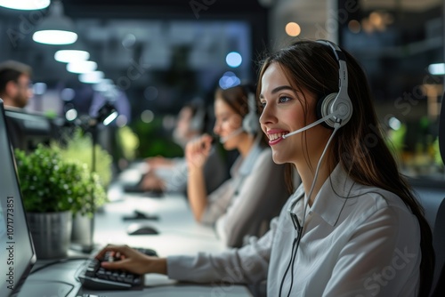 A team of dedicated customer support professionals works diligently at their desks, engaging in calls and providing assistance in a lively office environment.