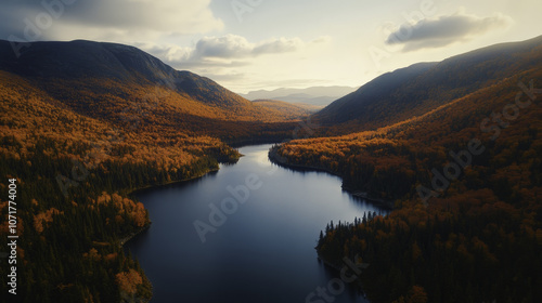 serene mountain landscape featuring tranquil lake surrounded by vibrant autumn trees. golden foliage reflects beautifully in calm waters, creating picturesque scene