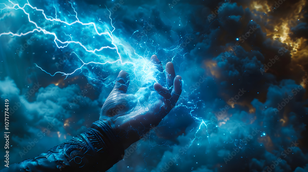 Fototapeta premium Hand holding up a lightning bolt. Energy and power. Stormy background. Blue glow. Zeus, thor