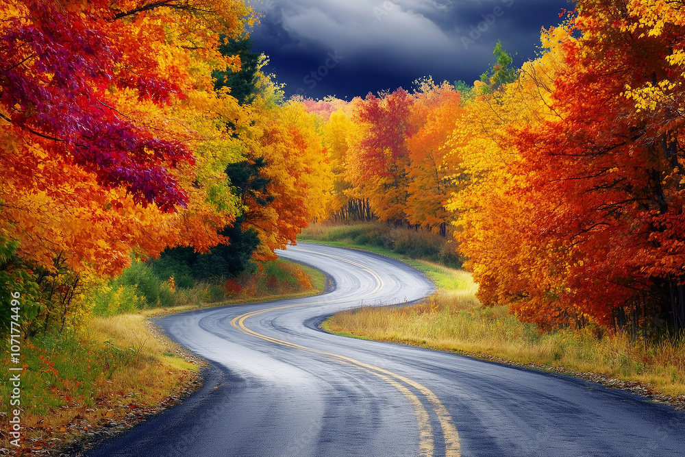 Fototapeta premium Winding country road lined with trees in full autumn colors. Generative AI