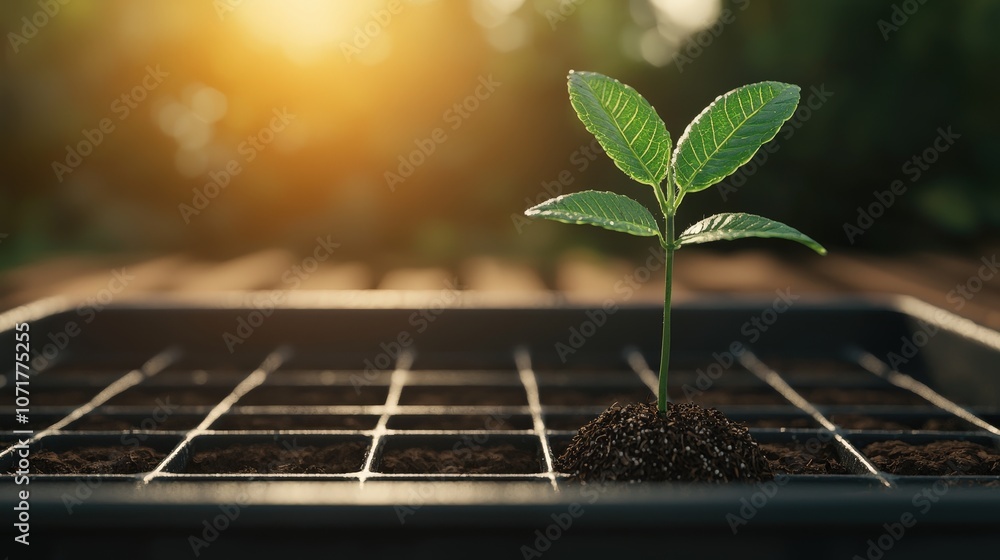 Seedling Growing in Seed Tray with Warm Sunlight Seedling Growing in Seed Tray with Warm Sunlight