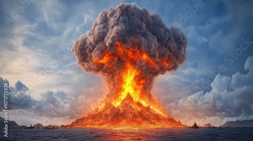 Apocalyptic Nuclear Explosion  Smoke Cloud  Fireball  Devastation  Ocean  Disaster  Afterm photo