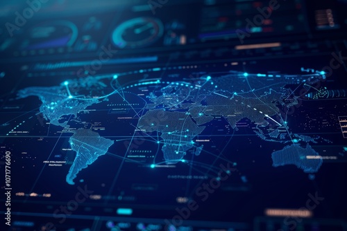 This visualization displays a world map highlighting significant air travel routes and traffic data, showcasing global connectivity across various regions. photo