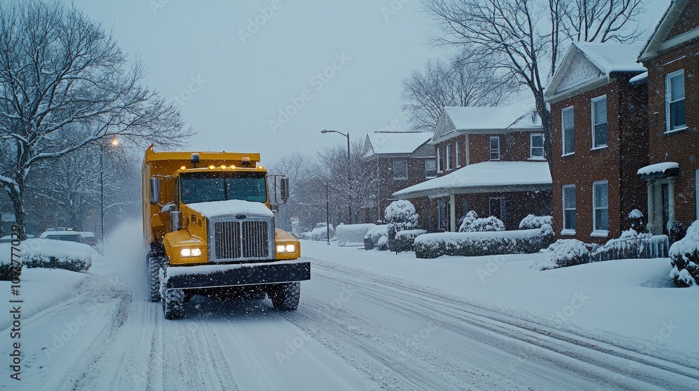 A vibrant yellow snow plow clears a suburban street blanketed in fresh snow during a heavy winter storm A vibrant yellow snow plow clears a suburban street blanketed in fresh snow during a heavy winter storm