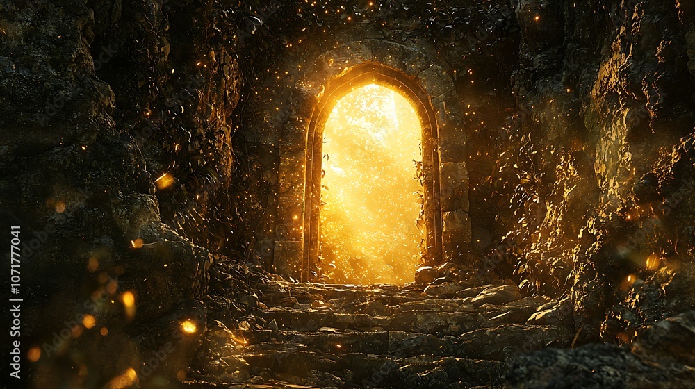 Obraz premium Dramatic Golden Keyhole in Stone Archway Illuminates Pathway, Inviting Exploration Through Natural Elements and Sunlit Atmosphere of Enchantment