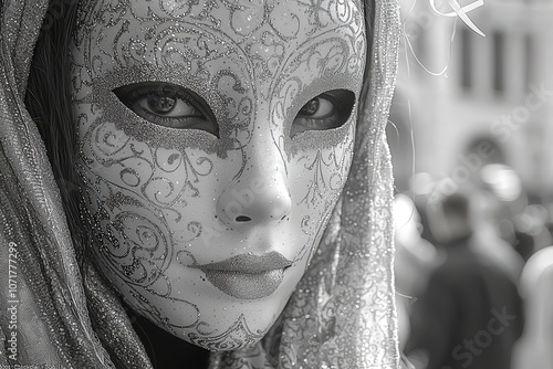 Elegant venetian mask with intricate design in black and white photo