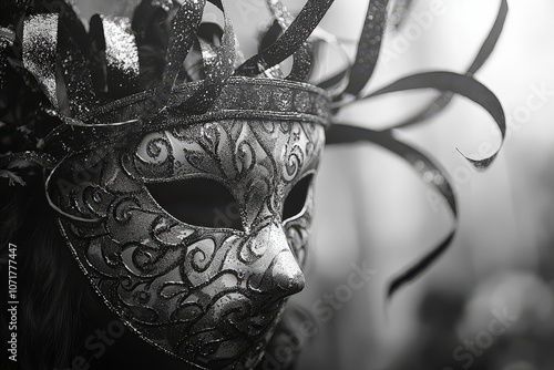 Intricate venetian mask with elegant swirls captured in black and white photo