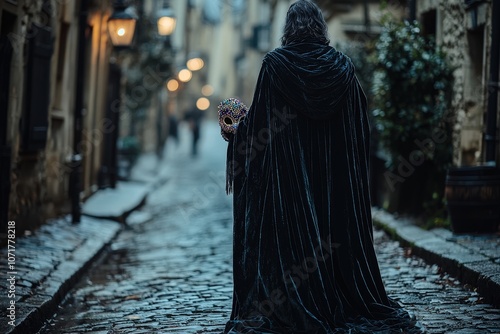 Mysterious figure in cloak holding ornate mask on cobblestone street at night photo