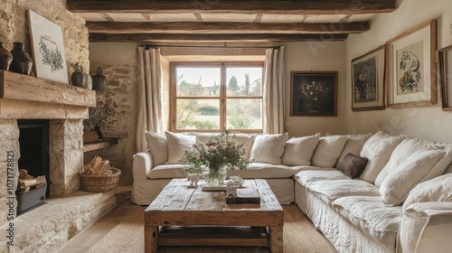 Luxury country style living room, beige linen sofa, rough wooden coffee table, natural stone fireplace, decorated with rustic art, warm light
