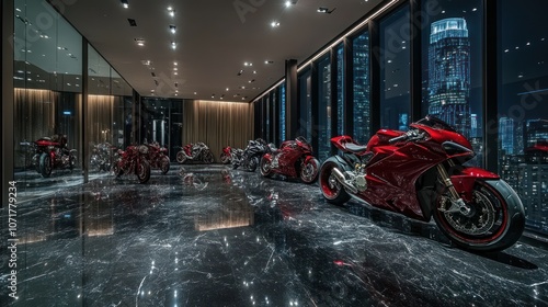 A luxury big bike showroom. Dark marble floors. Shiny red big bikes are prominently parked. Spotlights shine from above. Glass walls offer a view of tall buildings at night. photo