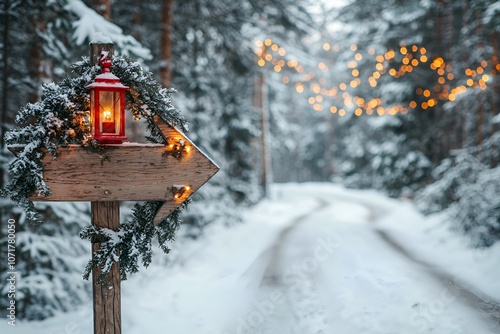 red lantern on a wooden pole with an arrow pointer in the Christmas forest