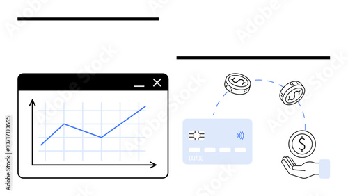 Financial growth chart in analysis window next to credit card and hand receiving coins. Ideal for finance, digital payments, banking, investments, e-commerce, savings, budgeting. Line metaphor