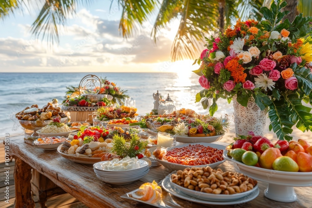 Exquisite Beachside Buffet Display Featuring Fresh Seafood, Colorful Fruits, and Tropical Decor Perfect for Summer Parties and Culinary Events Exquisite Beachside Buffet Display Featuring Fresh Seafood, Colorful Fruits, and Tropical Decor Perfect for Summer Parties and Culinary Events