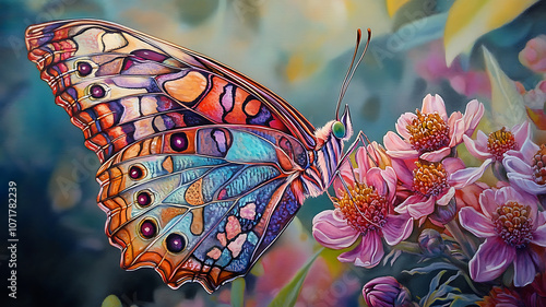 A close-up of a stunning butterfly with vibrant, multicolored wings, resting delicately on a bright flower, every detail of the intricate patterns captured in soft natural light.