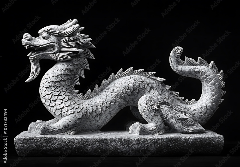 Fototapeta premium Black and white stone carving of an ancient Chinese dragon