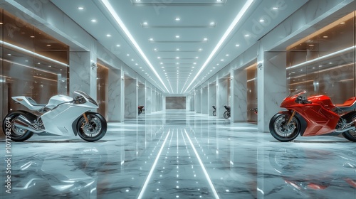 A modern luxury big bike showroom, white and red big bikes parked on marble floors, glass walls with direct spotlights, stylish ceiling lamps photo