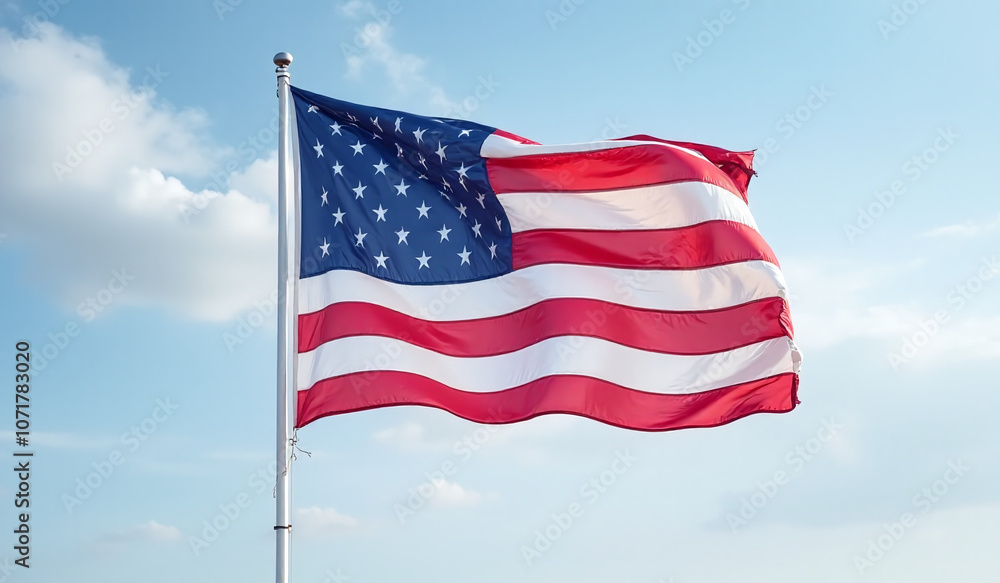 Fototapeta premium amerikanische flagge weht im wohltemperierten wind vor einem wolkenbedeckten himmel