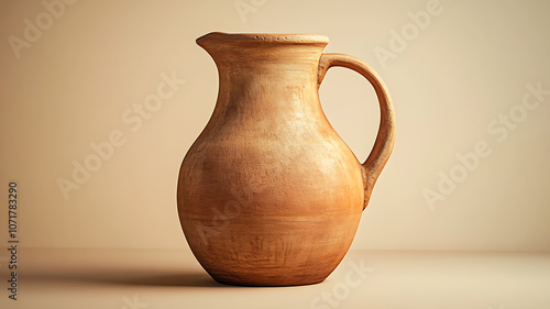 A detailed 3D image of a classic clay jug with a handle, positioned on a neutral background, the lighting accentuating its textures and giving a sense of depth. photo