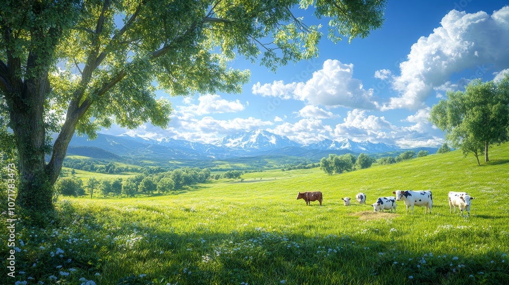 Fototapeta premium Serene Rural Scene with Livestock in a Pastoral Landscape Capturing Tranquility and Natural Beauty
