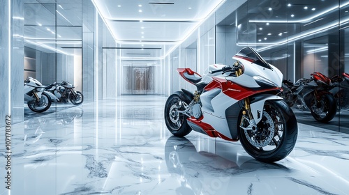 A modern luxury big bike showroom, white and red big bikes parked on marble floors, glass walls with direct spotlights, stylish ceiling lamps photo