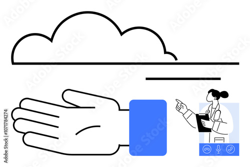 Cloud, outstretched hand, healthcare professional, clipboard, speech icons. Ideal for healthcare tech, medical data, remote consultation, telemedicine cloud storage communication patient care