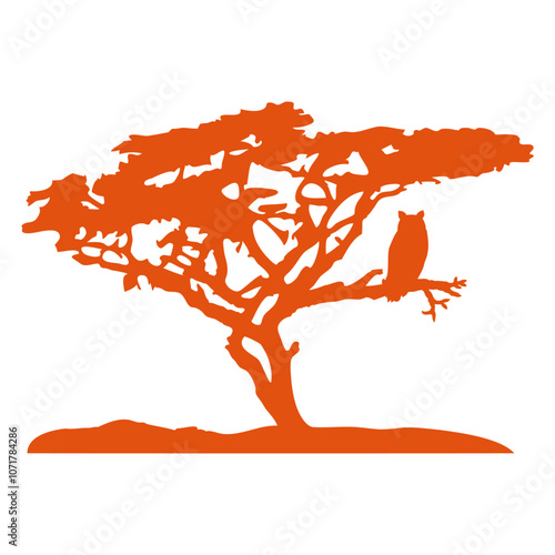 Africa Savannah Tree Owl Bird Night Silhouette Design Lover Art Vector Illustration Card T-Shirt Poster Sticker Graphic Print Decorative Drawing Isolated Logo Decoration Symbol Creative Cool Style
