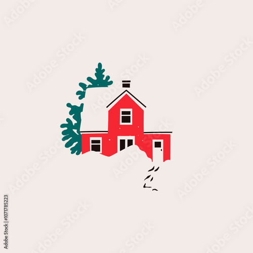 Red House in snow and trees. Scandinavian style home. Hand drawn trendy Vector illustration. Isolated design element. Building, sweet home, real estate, greeting card, winter concept
