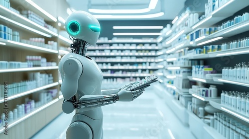 A futuristic pharmacy where AI robots dispense medication, double-checking dosages and interactions photo