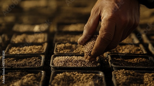 A gardener's hand placing seeds in neat rows, symbolizing planning, patience, and the anticipation of growth