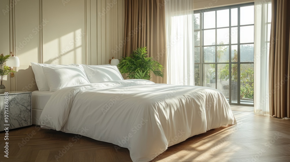 Fototapeta premium Five-star hotel room, large bed, clean white bed sheet, polished wooden floor, marble bedside table, modern style table lamp, soft light from large window