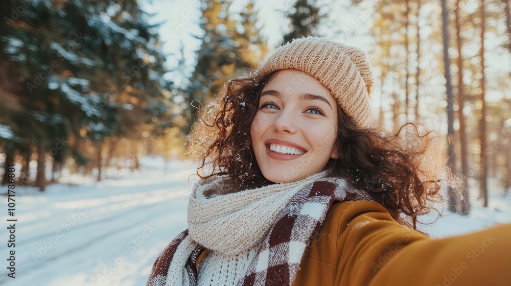 A joyful woman in a cozy scarf enjoys a sunny winter day on a snow-covered forest path with tall pine trees around her A joyful woman in a cozy scarf enjoys a sunny winter day on a snow-covered forest path with tall pine trees around her