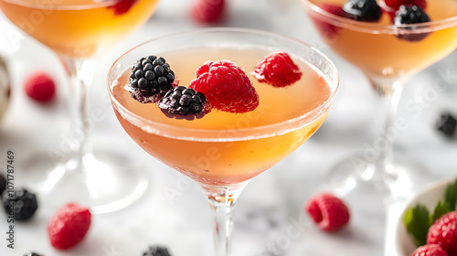 Vibrant Berry Cocktail with Elegant Glassware in Natural Light A photo of a cocktail glass with a berry garnish, shot in natural light to capture the colors, texture, and refreshing appeal of the drin photo