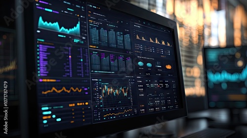 Close-up of a high-tech desktop monitor displaying intricate financial data and analytics.