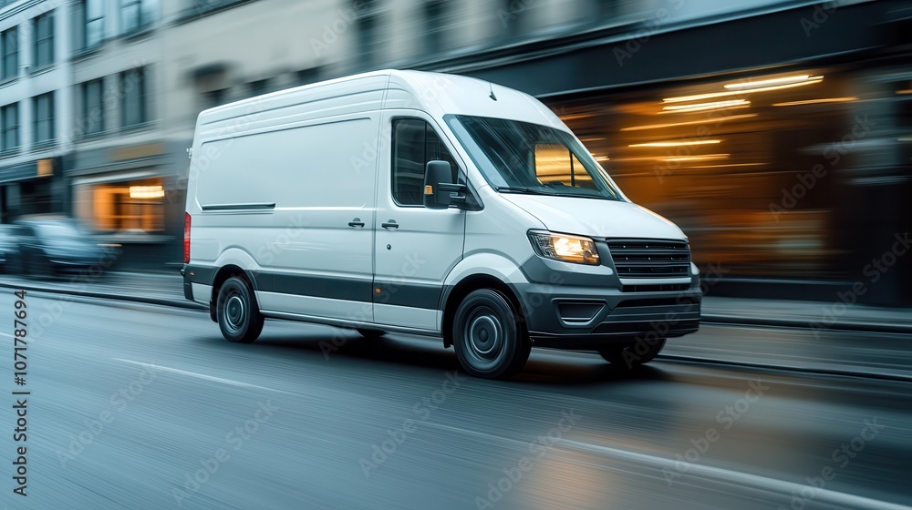 A white delivery van speeds along a city street at dusk, showcasing urban life and transportation in motion, concept of freight transportation A white delivery van speeds along a city street at dusk, showcasing urban life and transportation in motion, concept of freight transportation