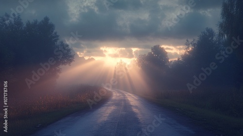 Sunlit forest road with soft morning rays through green trees – nature background.