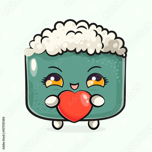 Wallpaper Mural Cute funny Sushi with heart in hand. Vector hand drawn cartoon kawaii character illustration icon. Isolated on light green background. Sushi character concept Torontodigital.ca