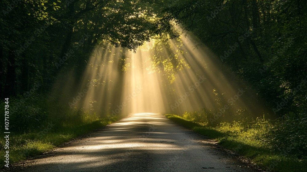 Fototapeta premium Sunlit forest road with soft morning rays through green trees – nature background.